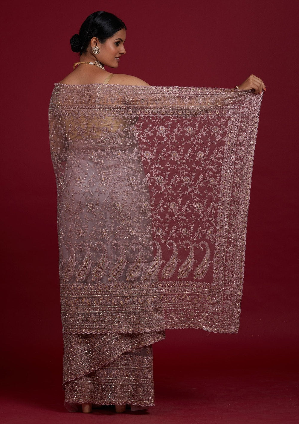 Lavender Threadwork Net Designer Saree - Koskii