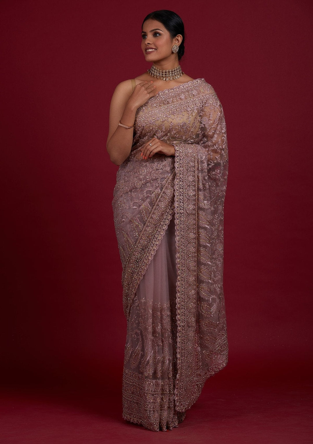 Lavender Threadwork Net Designer Saree - Koskii