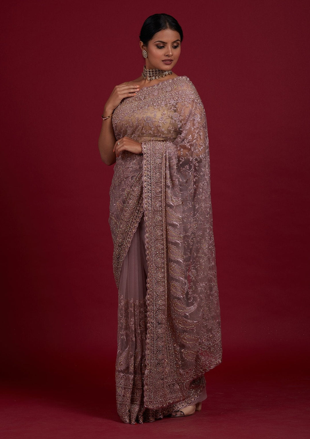 Lavender Threadwork Net Designer Saree - Koskii