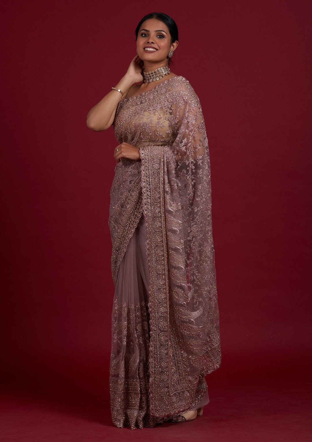 Lavender Threadwork Net Designer Saree - Koskii