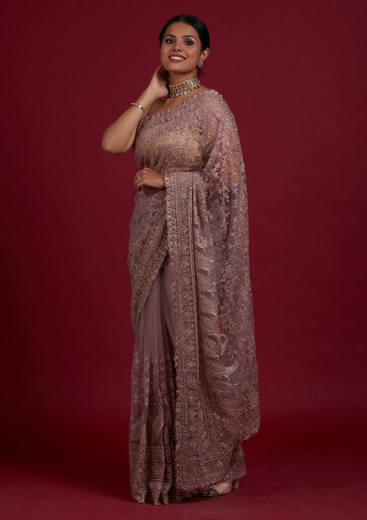 Lavender Threadwork Net Designer Saree - Koskii