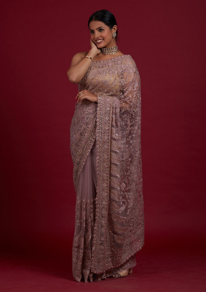 Lavender Threadwork Net Designer Saree - Koskii
