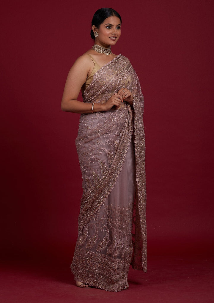 Lavender Threadwork Net Designer Saree - Koskii