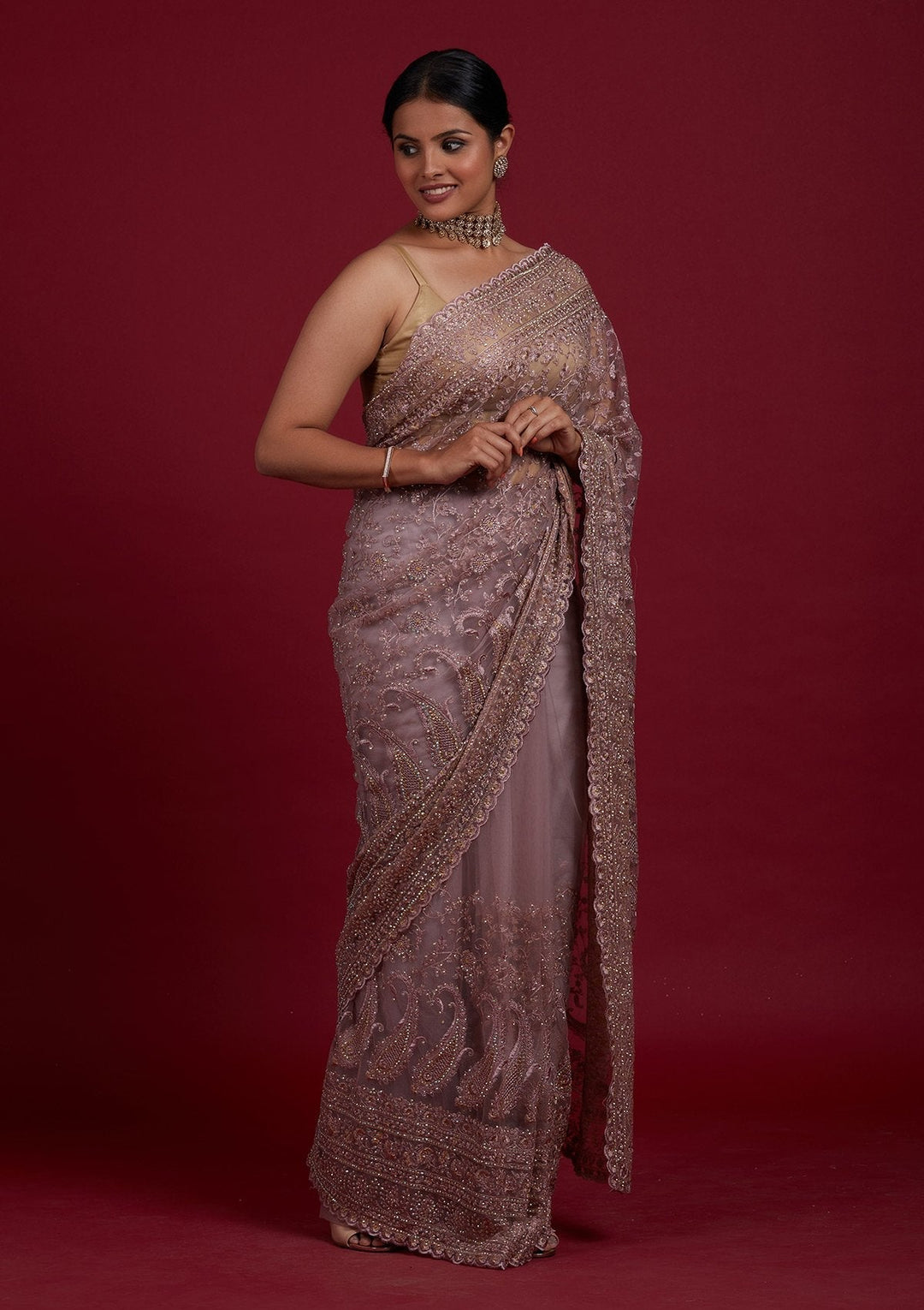 Lavender Threadwork Net Designer Saree - Koskii