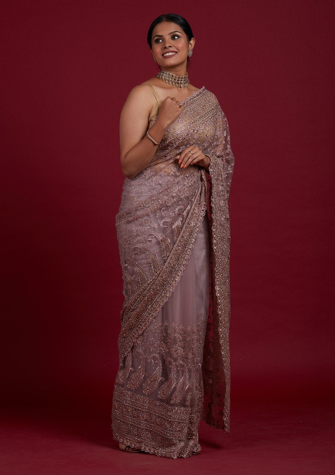 Lavender Threadwork Net Designer Saree - Koskii