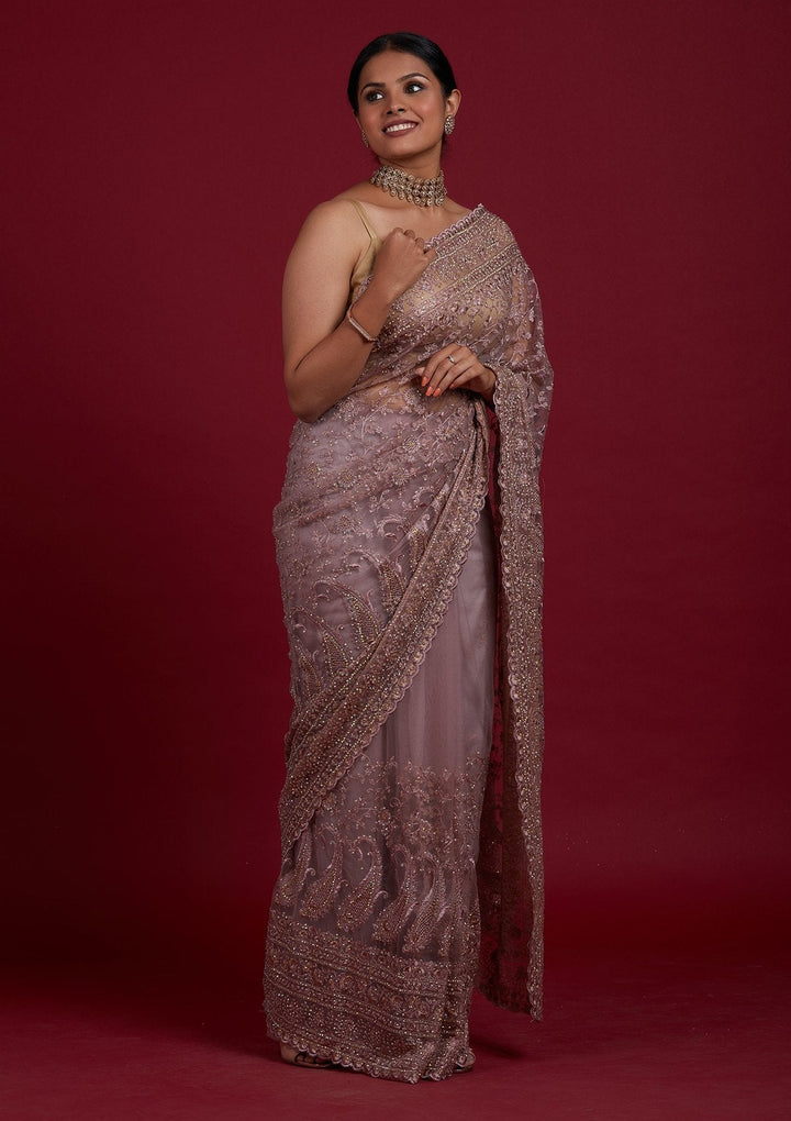 Lavender Threadwork Net Designer Saree - Koskii