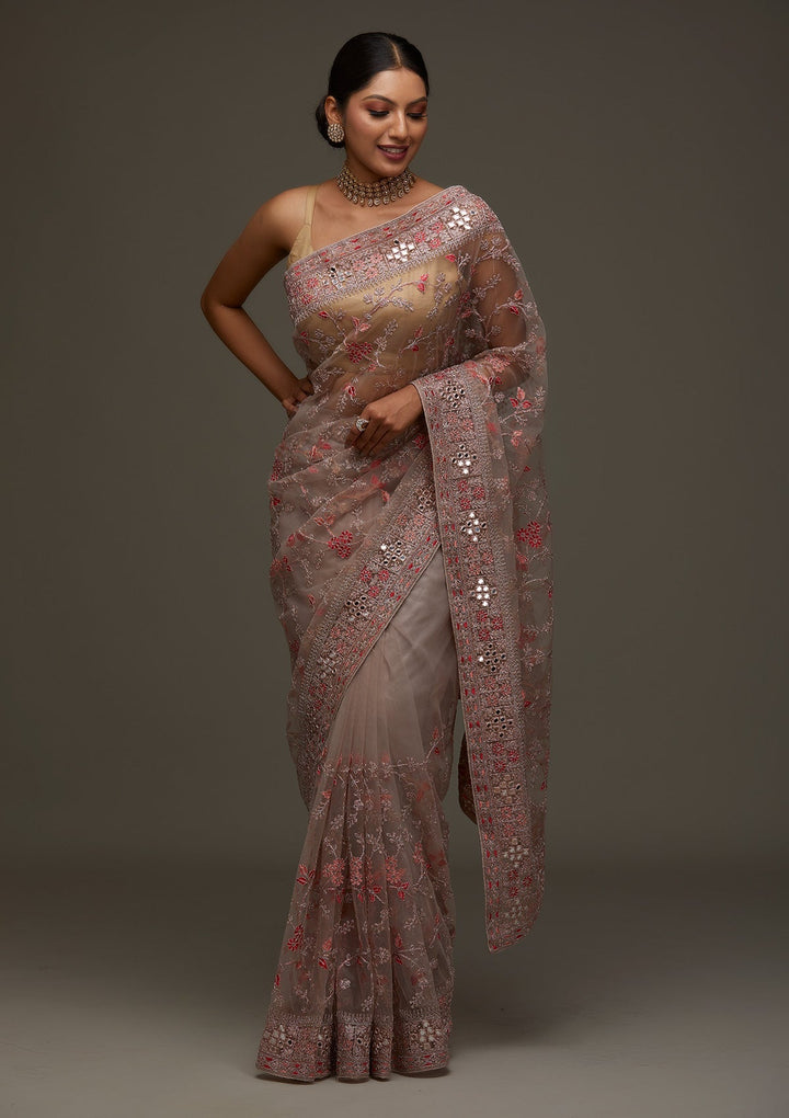 Lavender Threadwork Net Designer Saree- Koskii