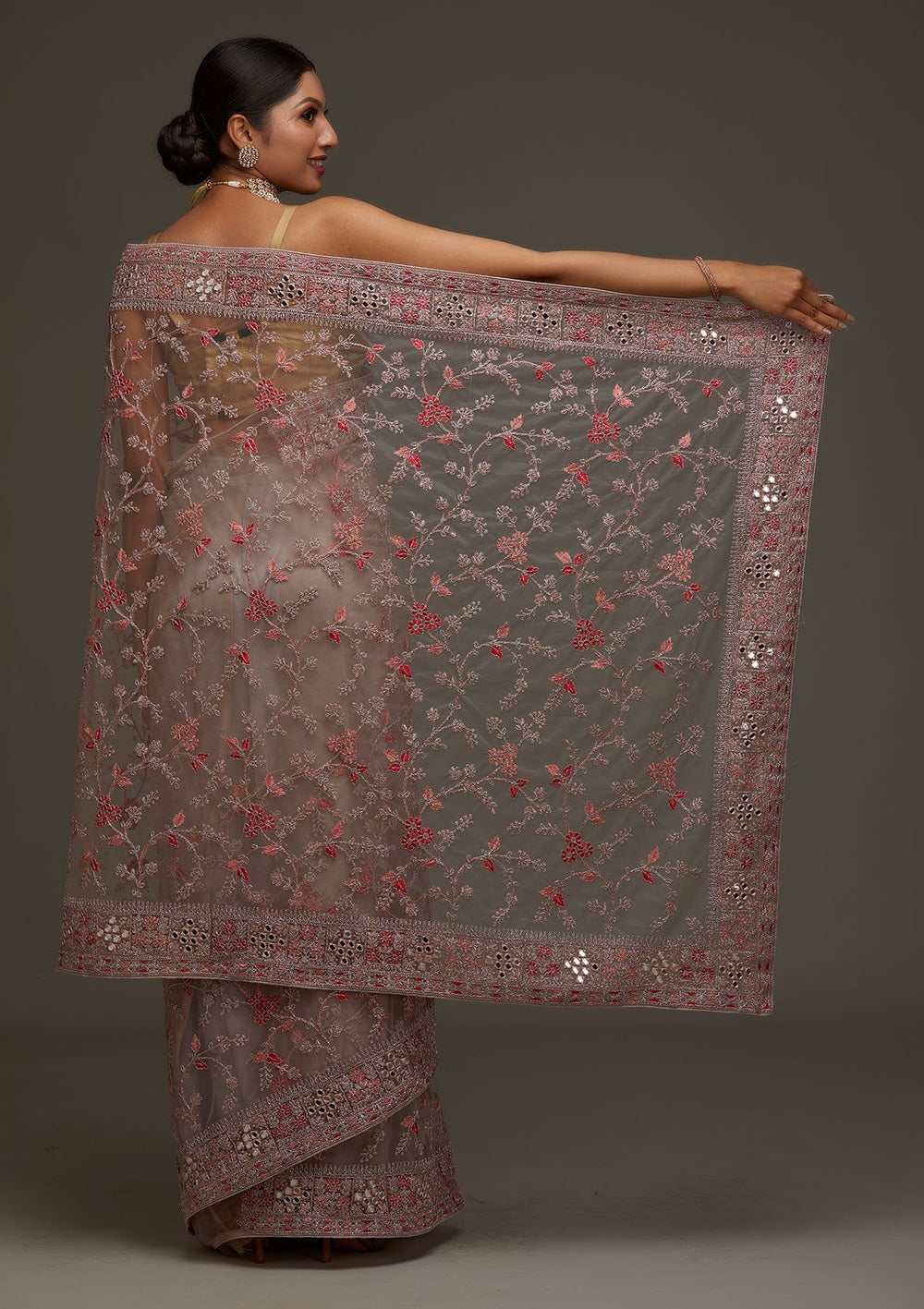 Lavender Threadwork Net Designer Saree - Koskii