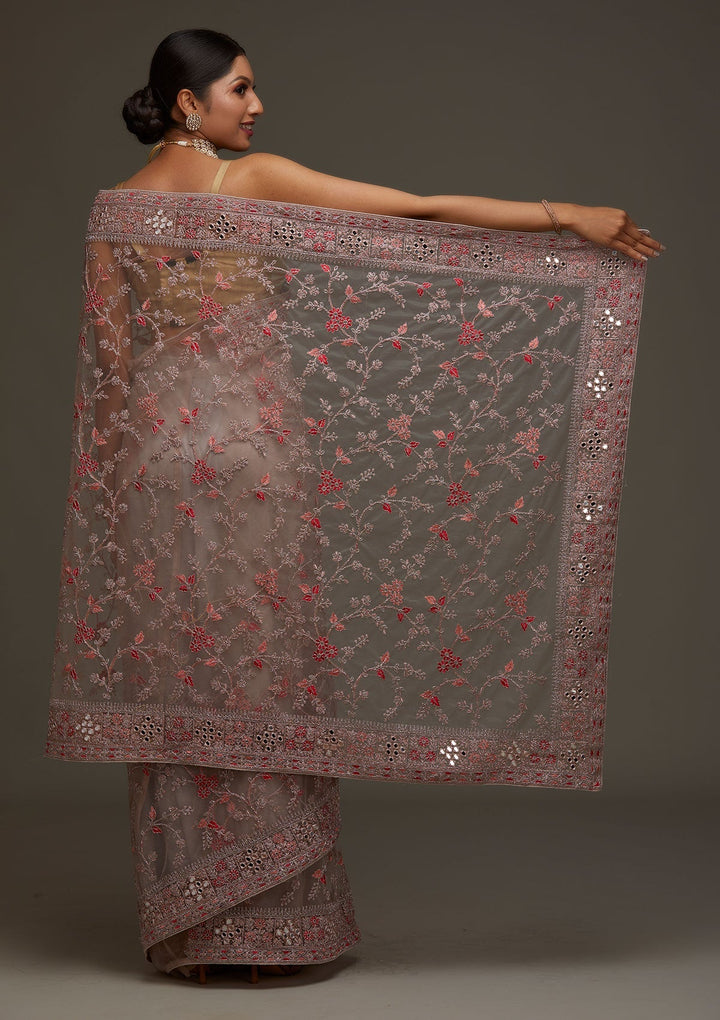 Lavender Threadwork Net Designer Saree - Koskii