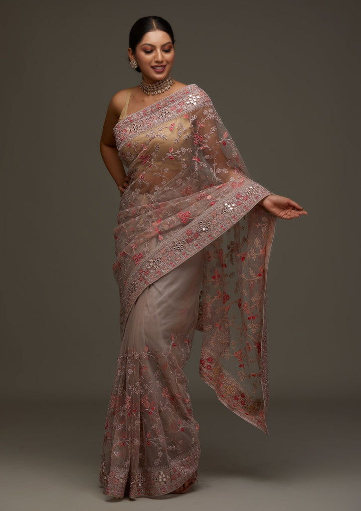 Lavender Threadwork Net Designer Saree - Koskii
