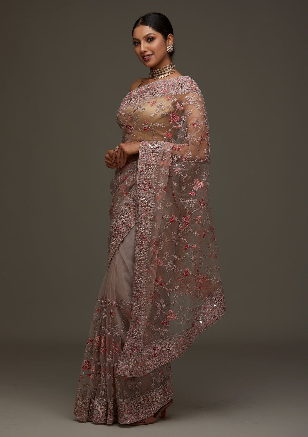 Lavender Threadwork Net Designer Saree - Koskii