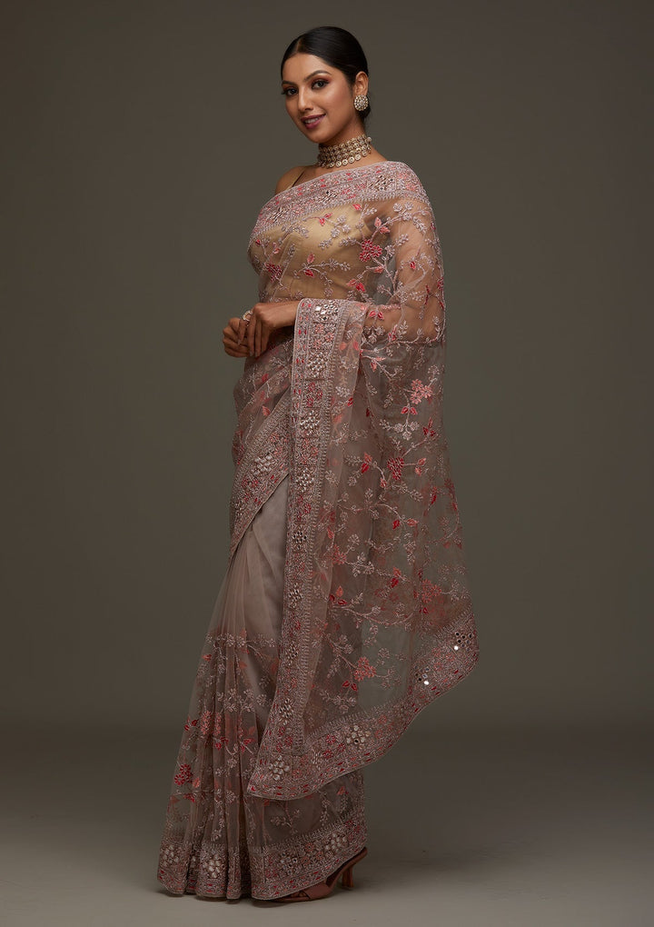 Lavender Threadwork Net Designer Saree - Koskii