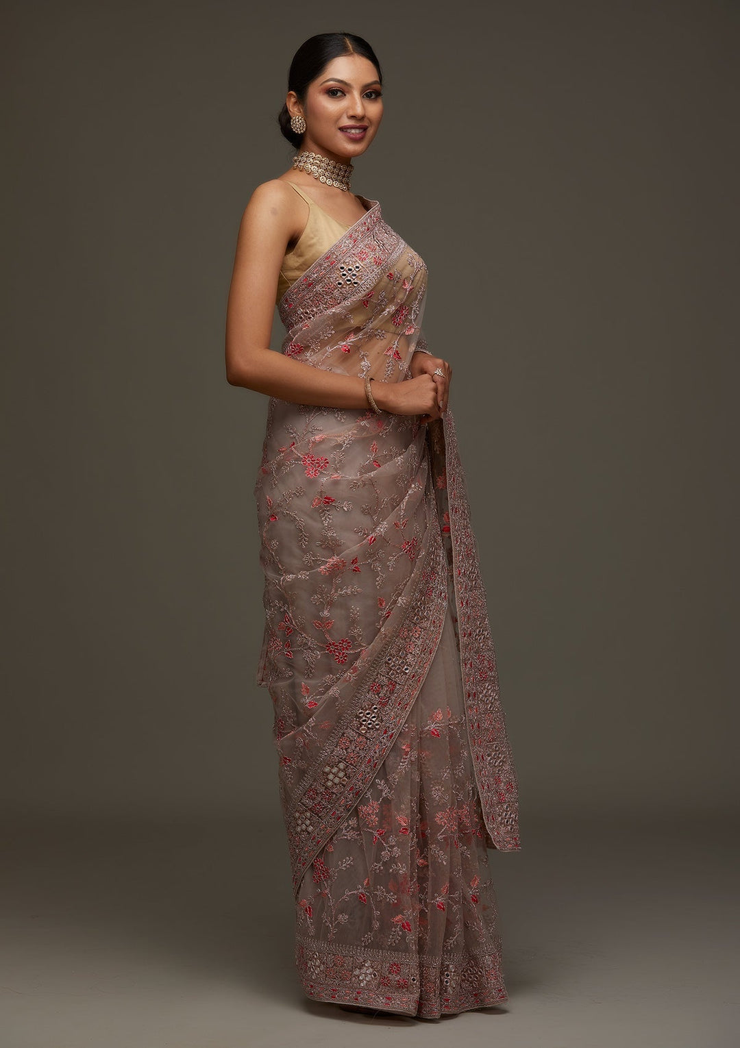 Lavender Threadwork Net Designer Saree - Koskii