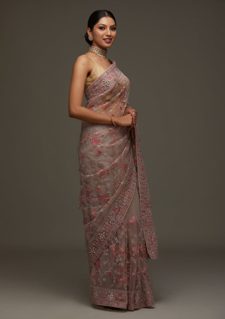 Lavender Threadwork Net Designer Saree - Koskii