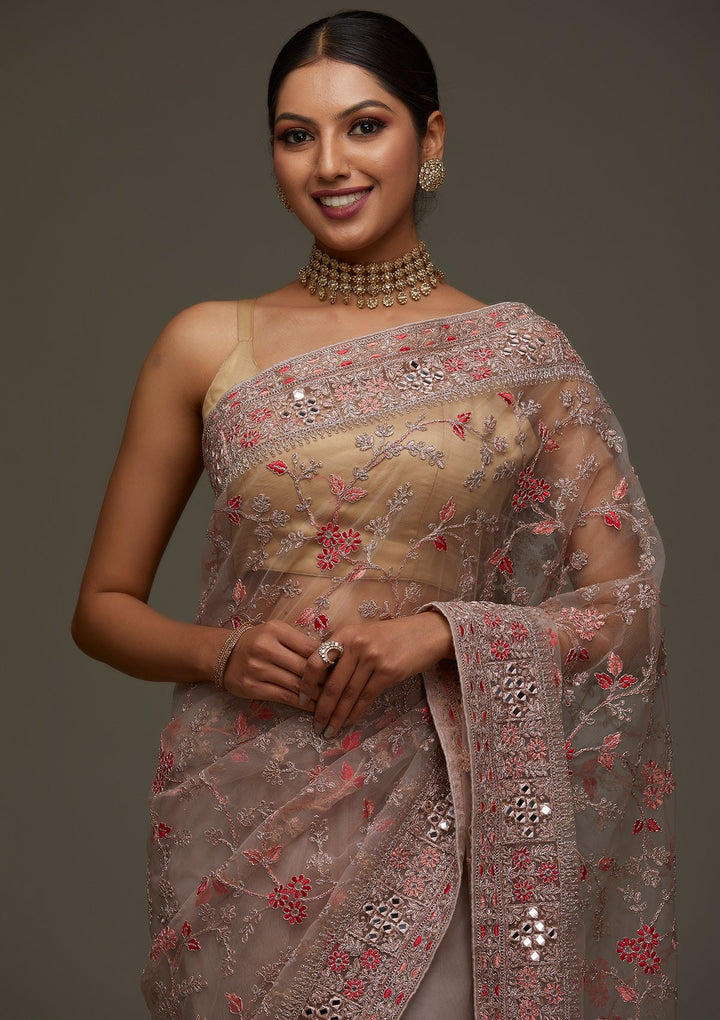 Lavender Threadwork Net Designer Saree - Koskii