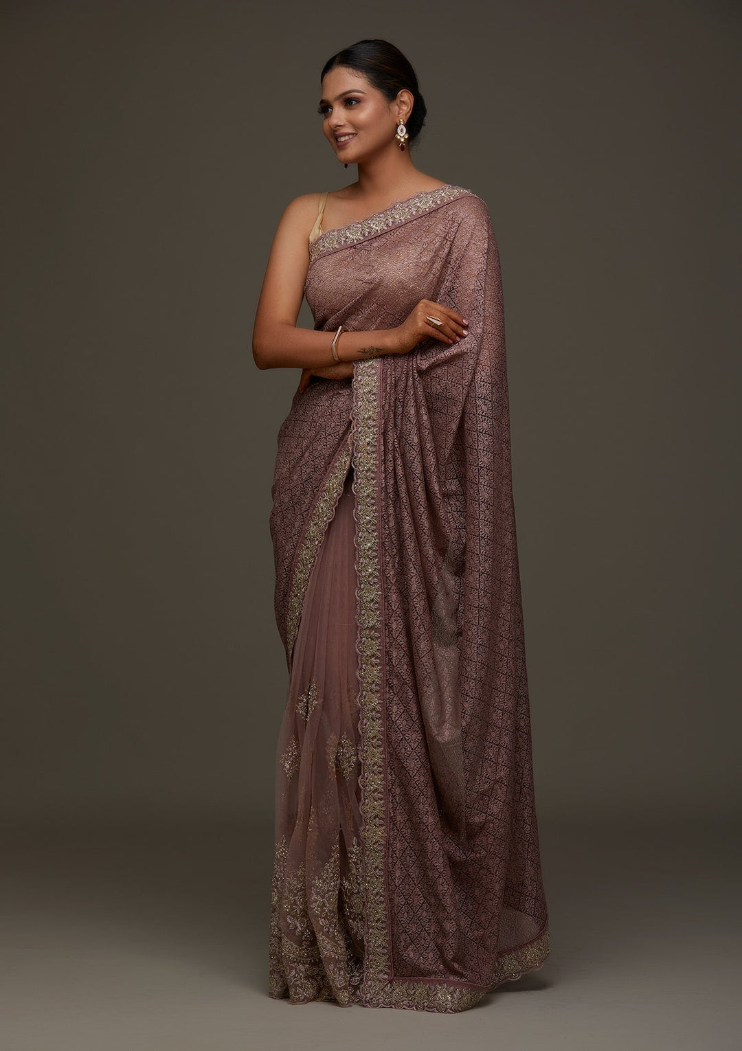 Lavender Threadwork Net Designer Saree - Koskii