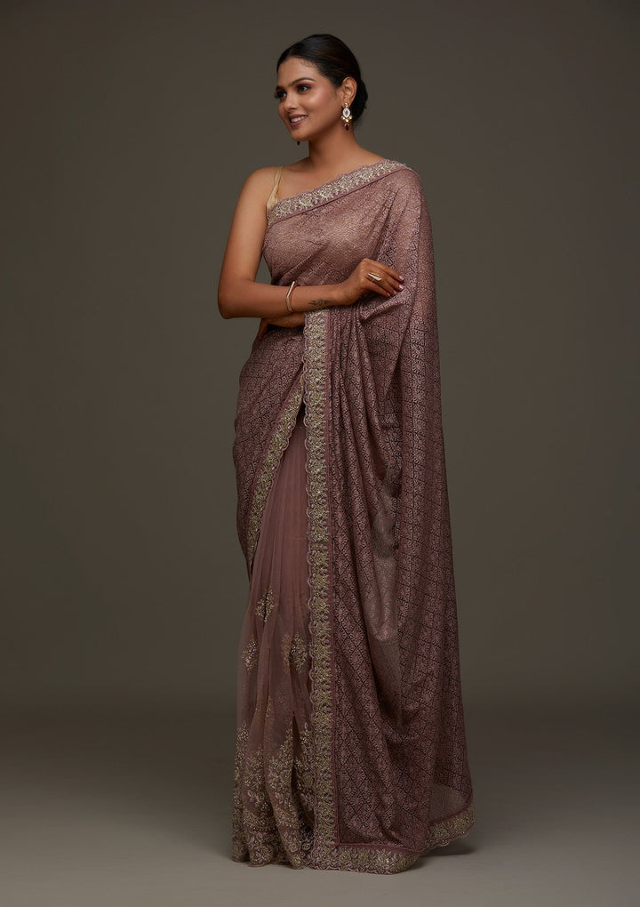 Lavender Threadwork Net Designer Saree - Koskii