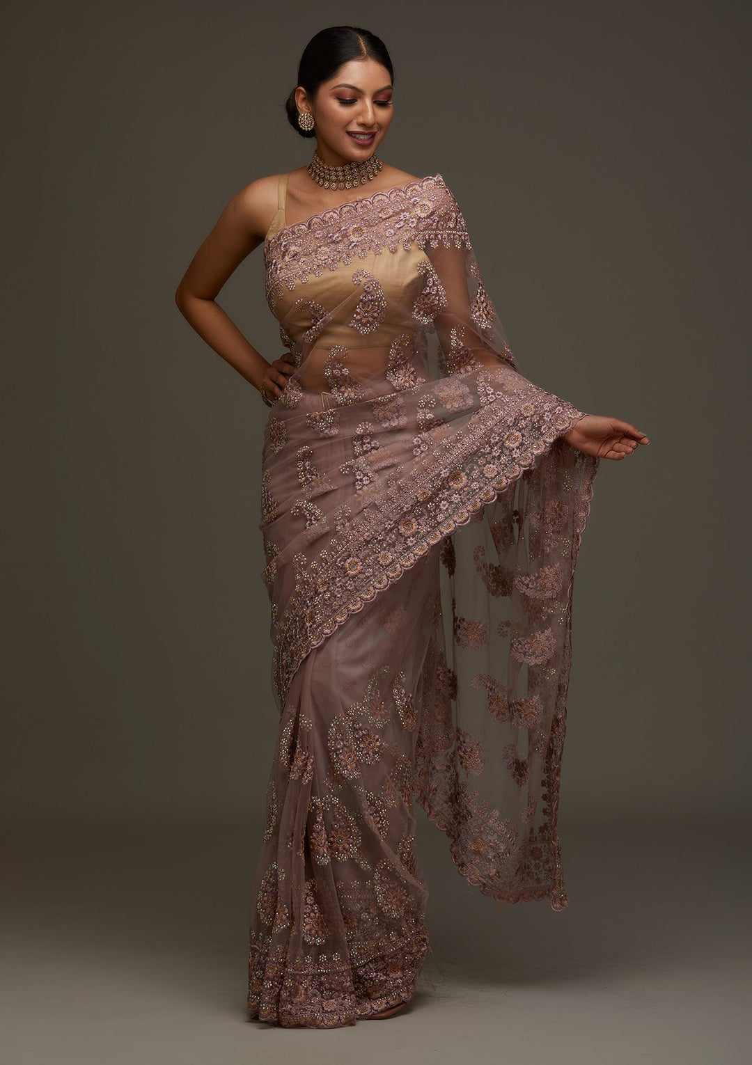 Lavender Threadwork Net Designer Saree - Koskii