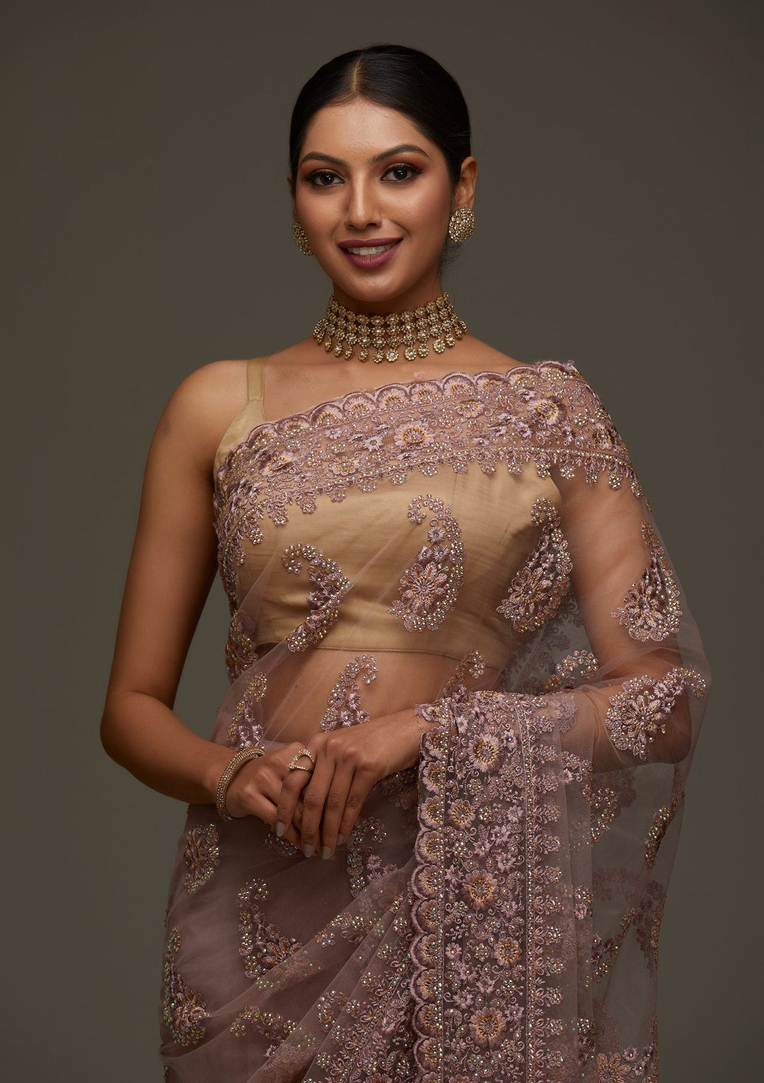 Lavender Threadwork Net Designer Saree - Koskii
