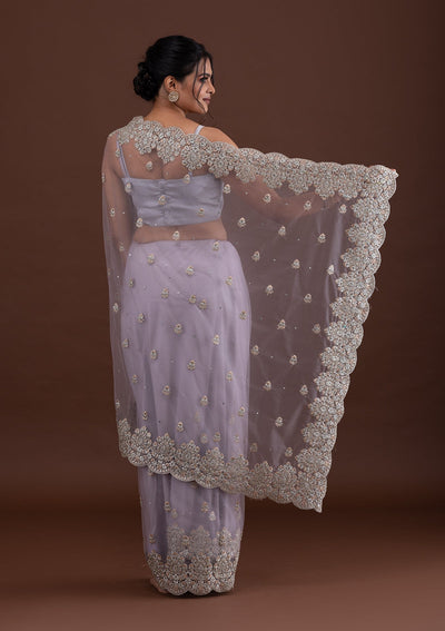 Lavender Threadwork Net Saree-Koskii