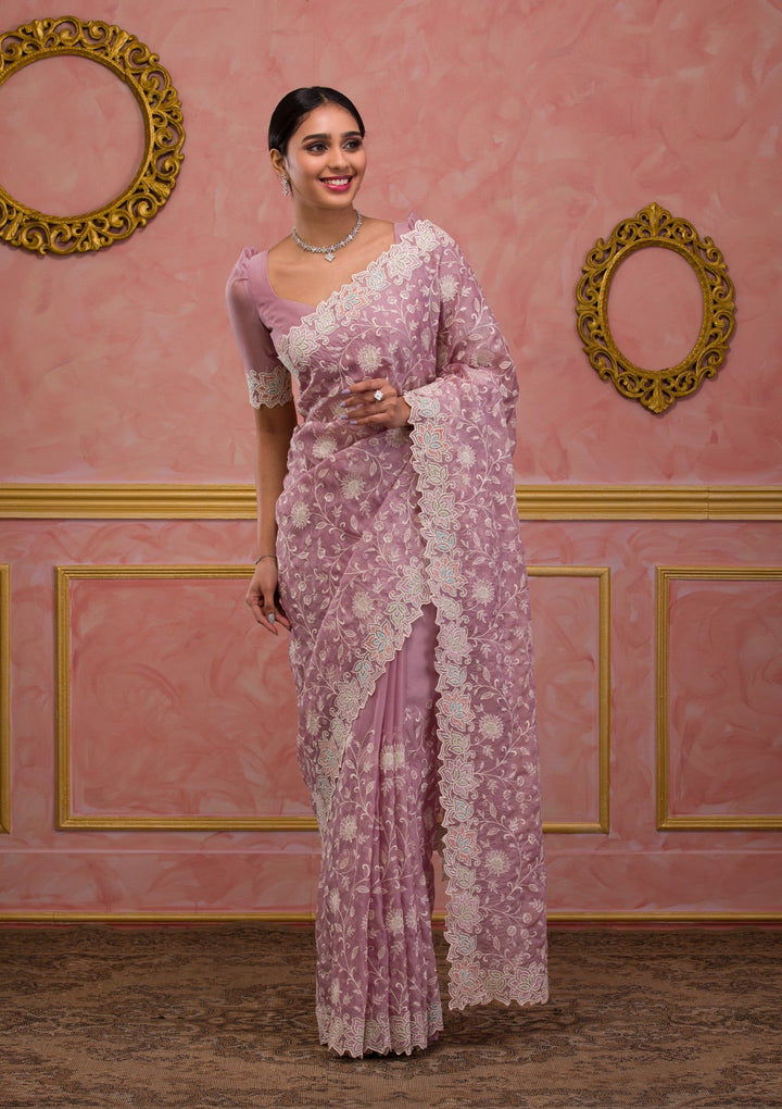 Lavender Threadwork Organza Saree-Koskii