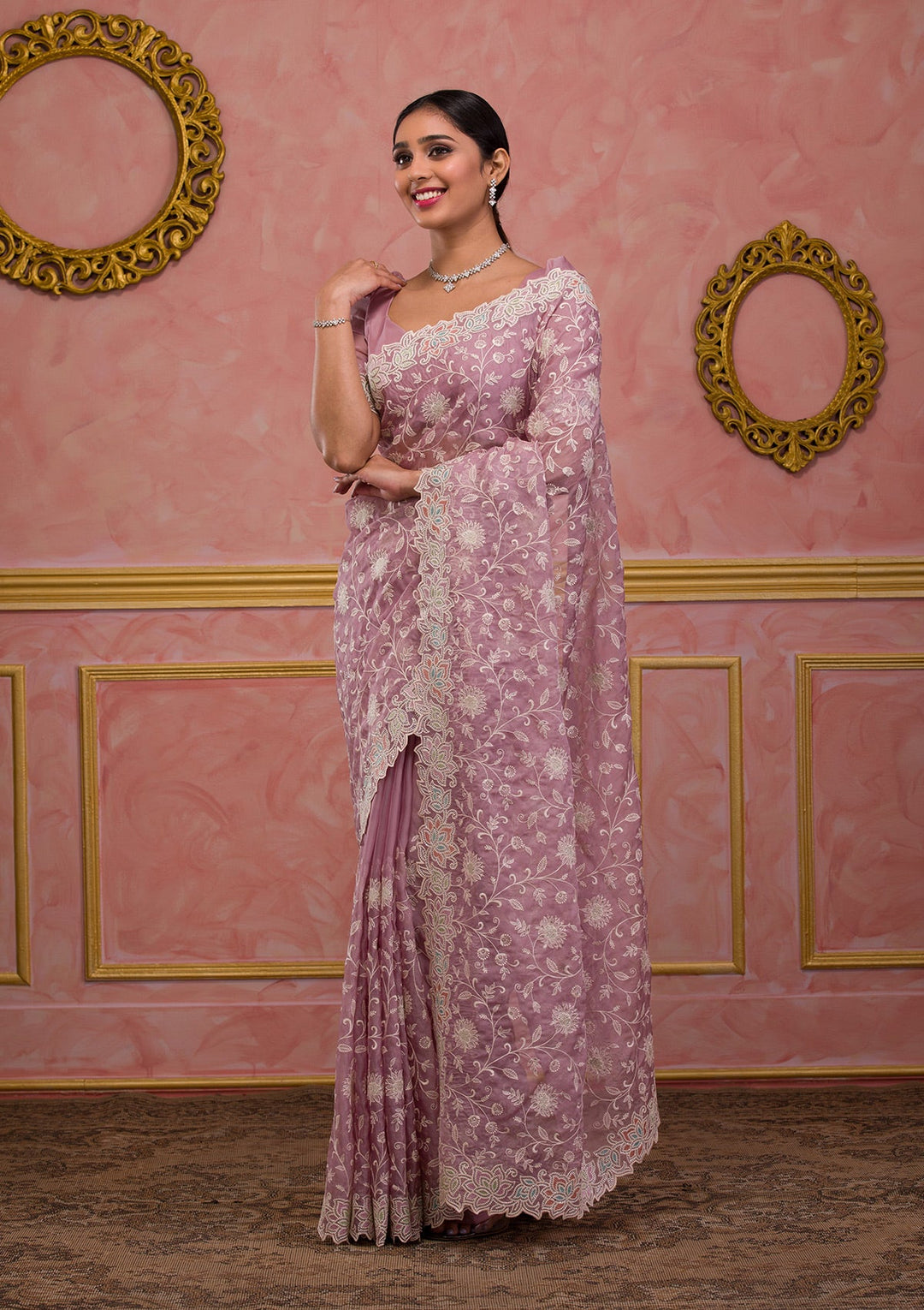 Lavender Threadwork Organza Saree-Koskii