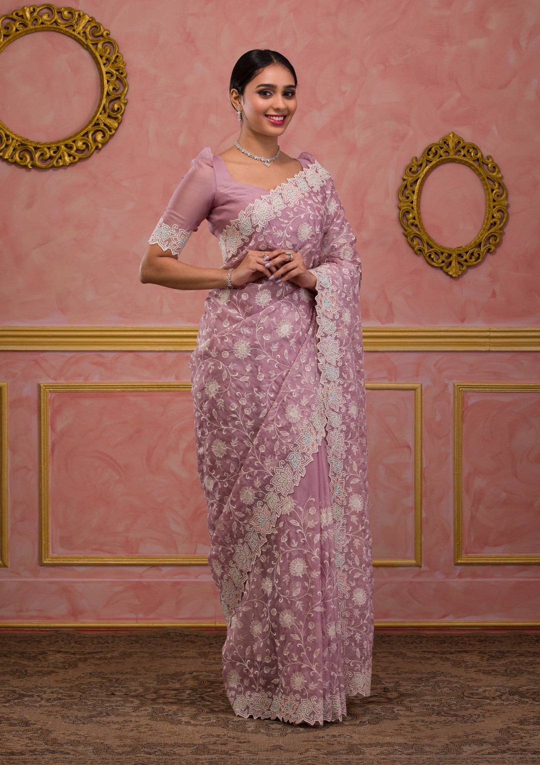 Lavender Threadwork Organza Saree-Koskii