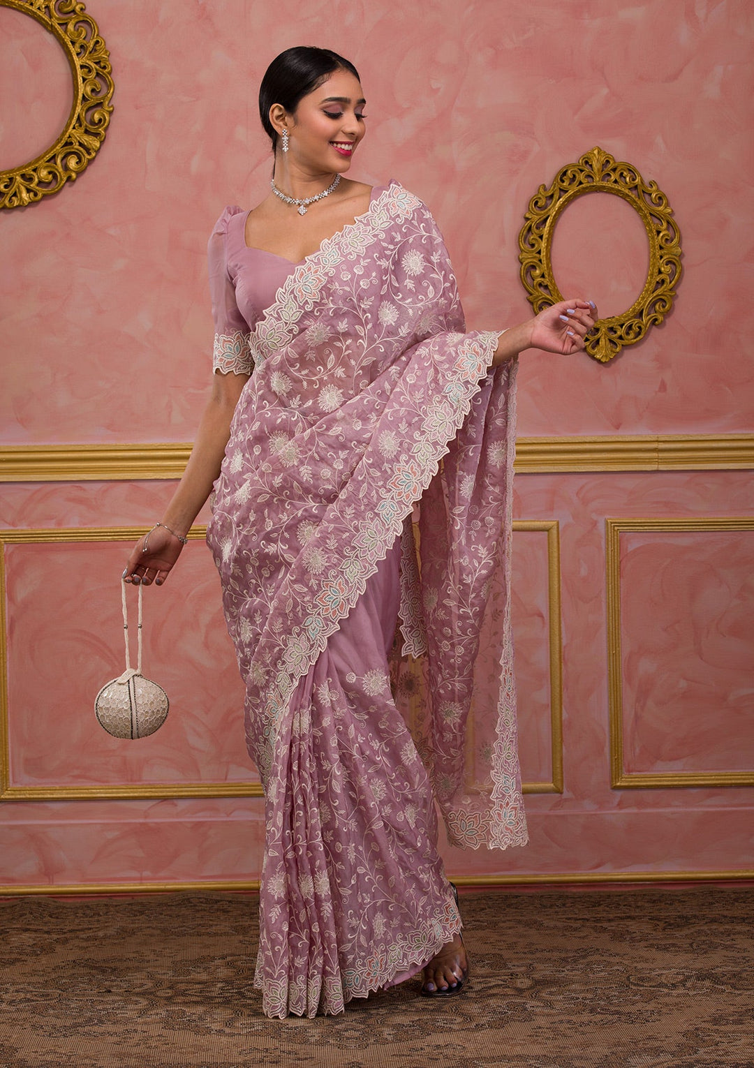 Lavender Threadwork Organza Saree-Koskii