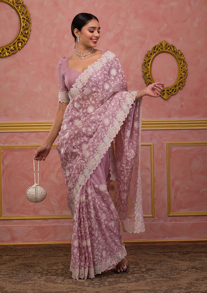 Lavender Threadwork Organza Saree-Koskii
