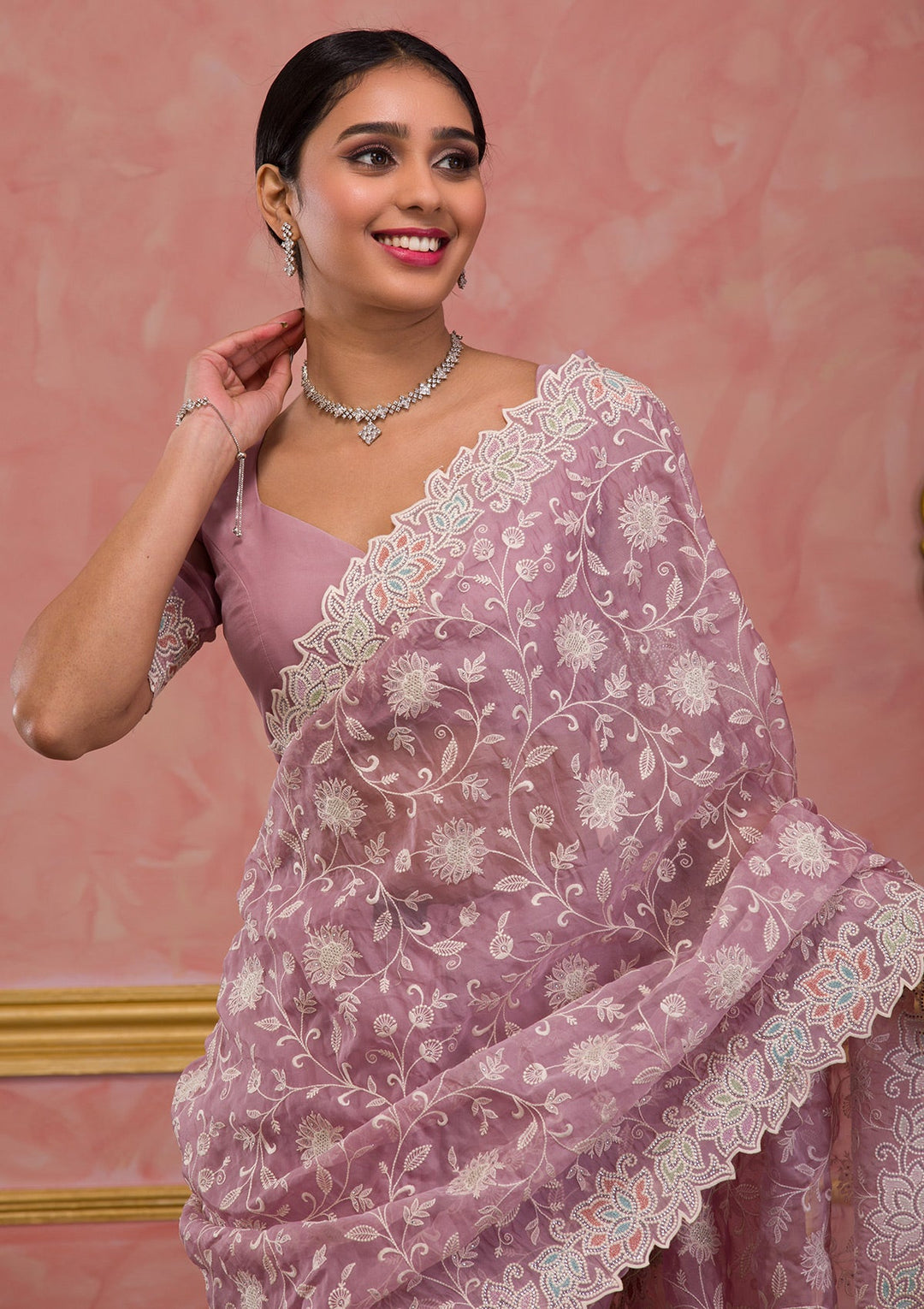 Lavender Threadwork Organza Saree-Koskii