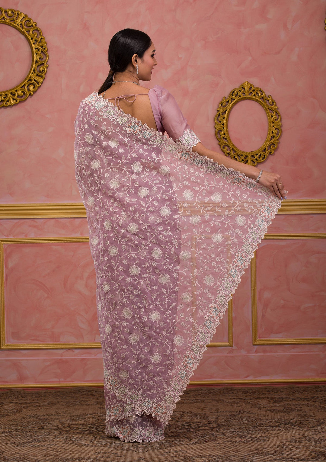 Lavender Threadwork Organza Saree-Koskii