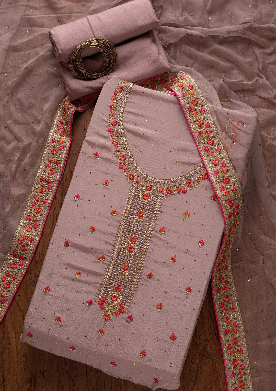 Lavender Threadwork Semi Crepe Designer Unstitched Salwar Suit - koskii