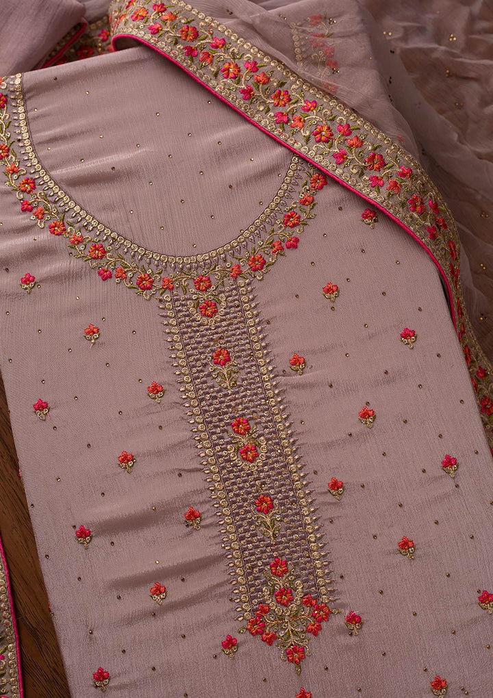 Lavender Threadwork Semi Crepe Designer Unstitched Salwar Suit - koskii