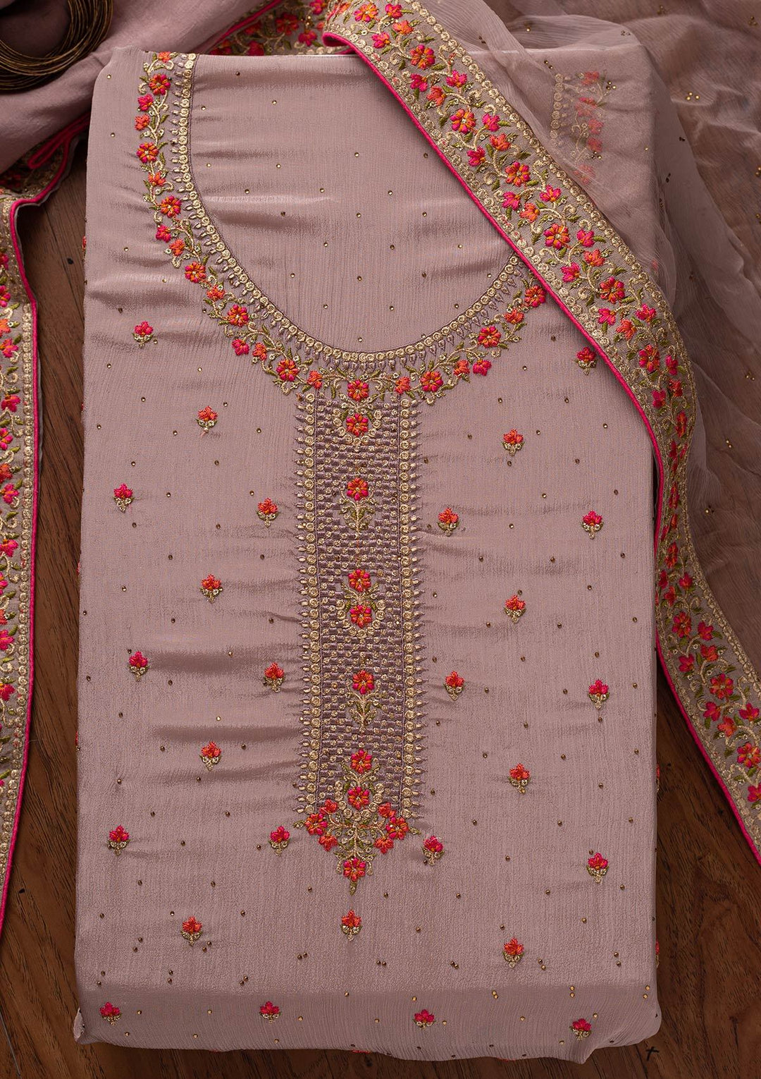 Lavender Threadwork Semi Crepe Designer Unstitched Salwar Suit - koskii