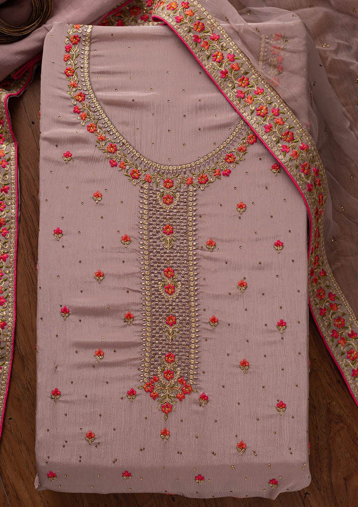 Lavender Threadwork Semi Crepe Designer Unstitched Salwar Suit - koskii