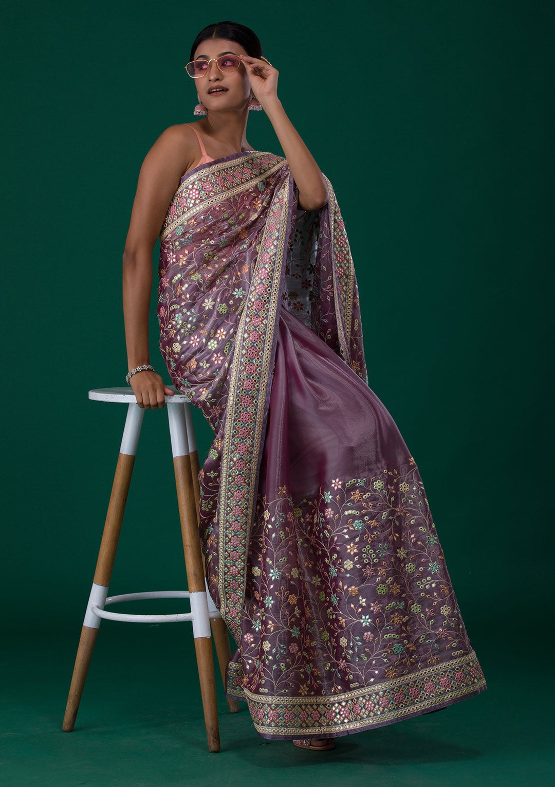 Lavender Threadwork Shimmer Saree-Koskii
