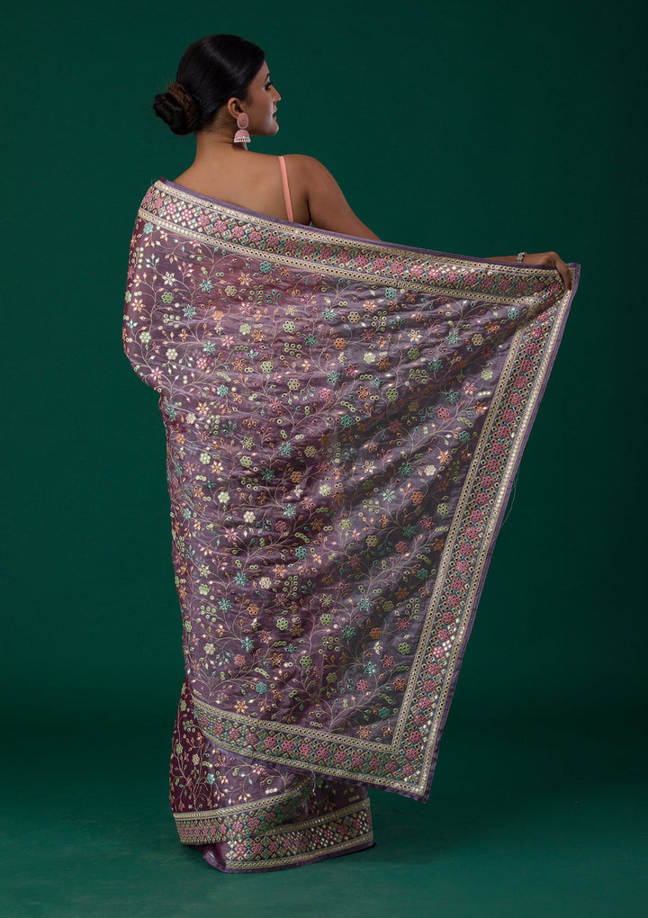 Lavender Threadwork Shimmer Saree-Koskii