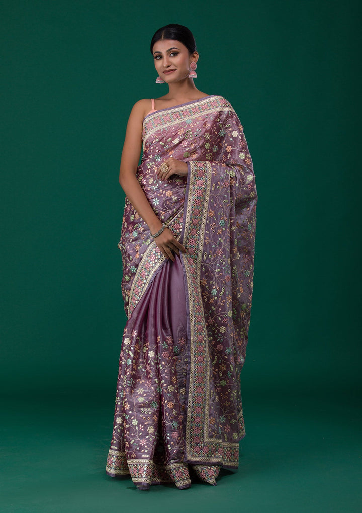 Lavender Threadwork Shimmer Saree-Koskii