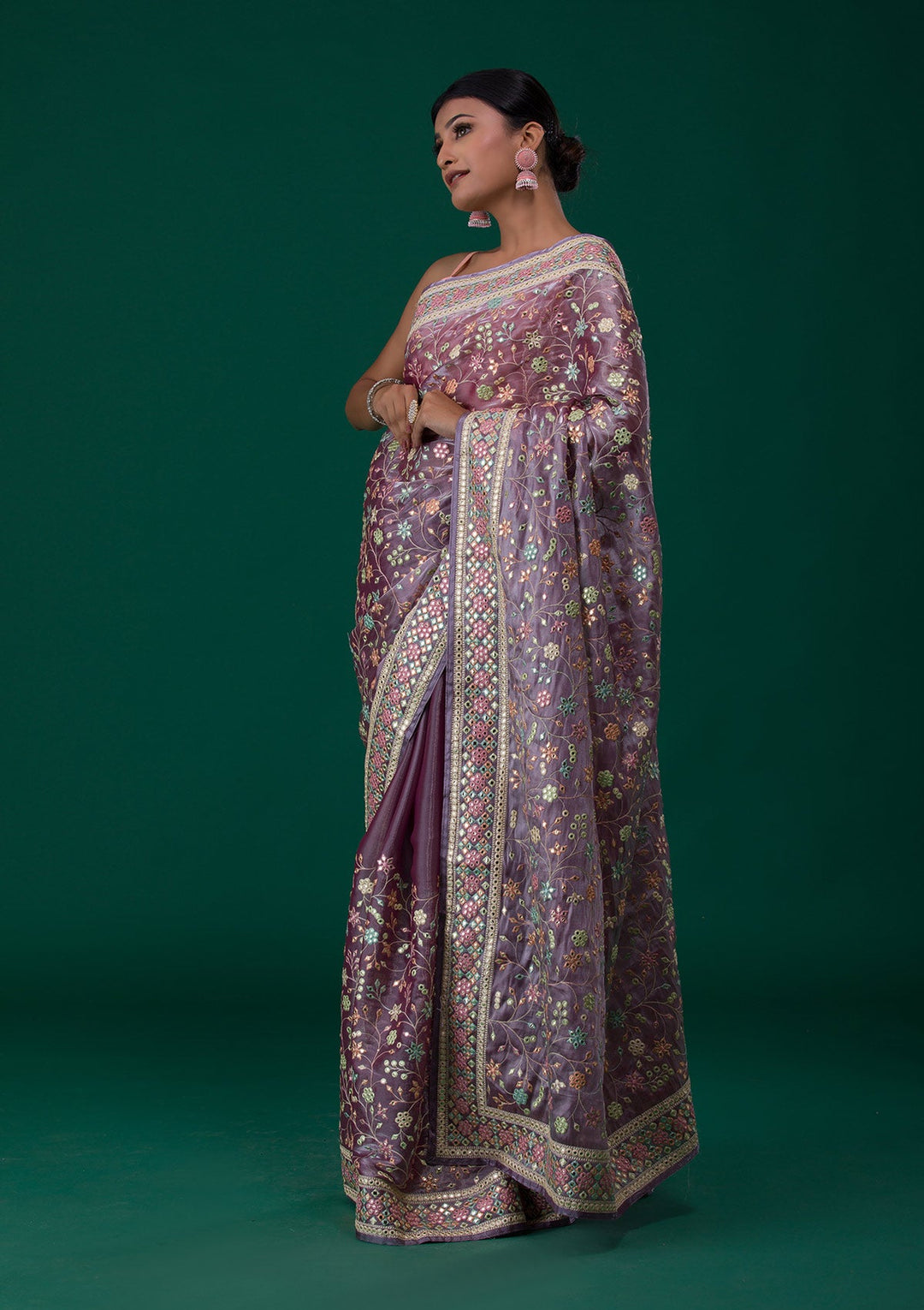 Lavender Threadwork Shimmer Saree-Koskii