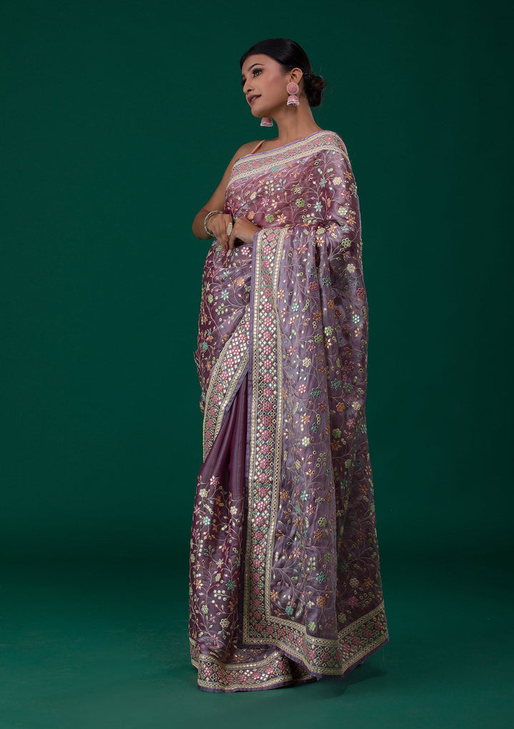 Lavender Threadwork Shimmer Saree-Koskii