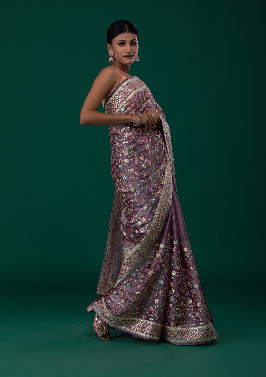 Lavender Threadwork Shimmer Saree-Koskii