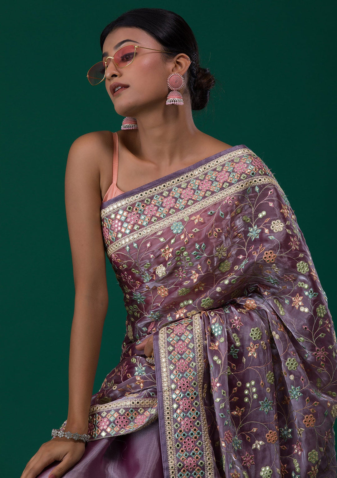 Lavender Threadwork Shimmer Saree-Koskii