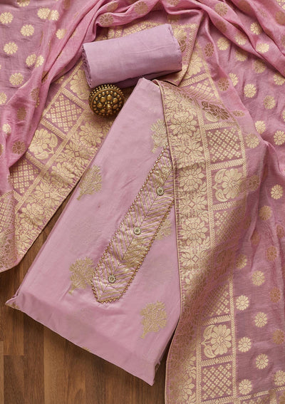 Lavender Zariwork Chanderi Unstitched Salwar Suit- Koskii