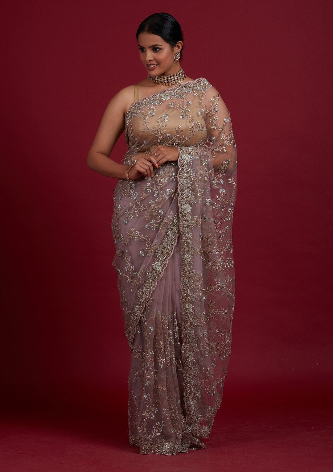 Lavender Zariwork Net Designer Saree - Koskii