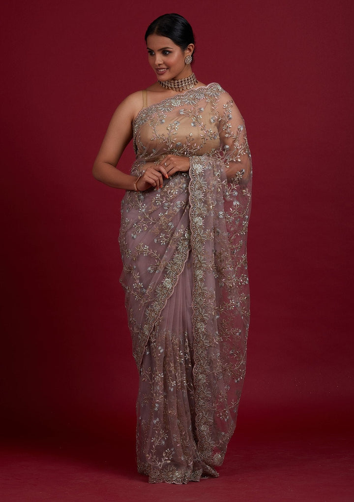 Lavender Zariwork Net Designer Saree - Koskii