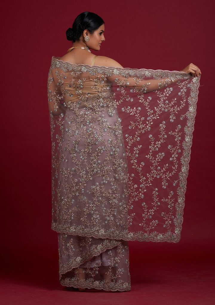 Lavender Zariwork Net Designer Saree - Koskii