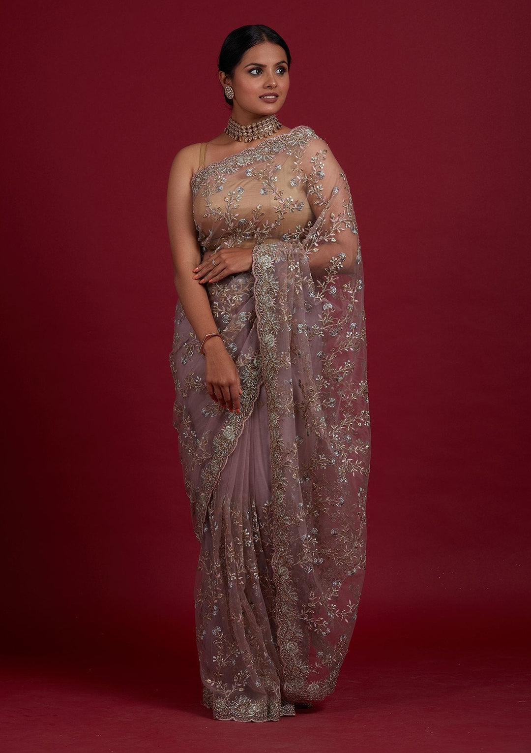Lavender Zariwork Net Designer Saree - Koskii