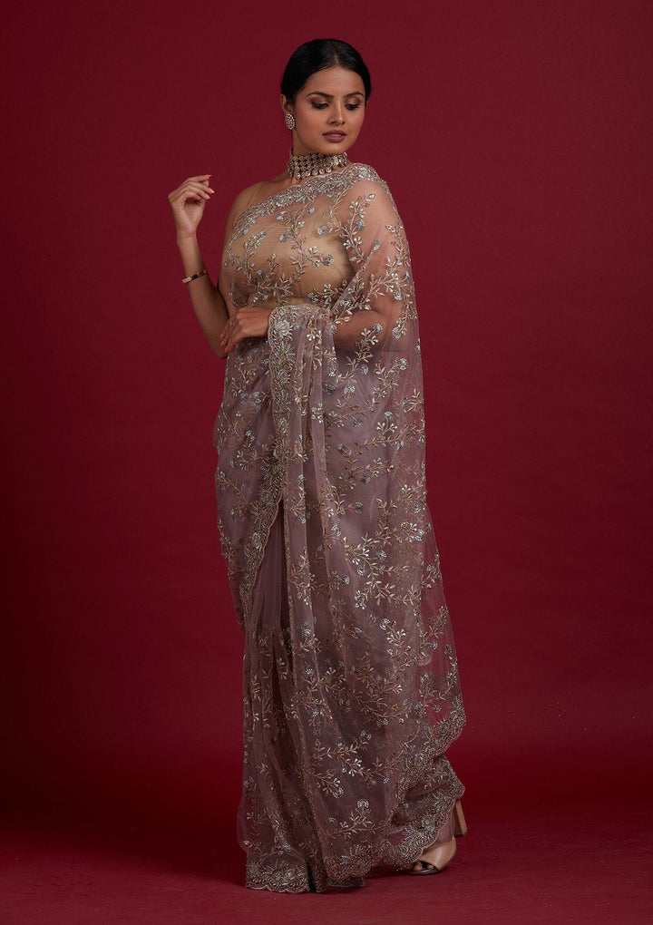 Lavender Zariwork Net Designer Saree - Koskii