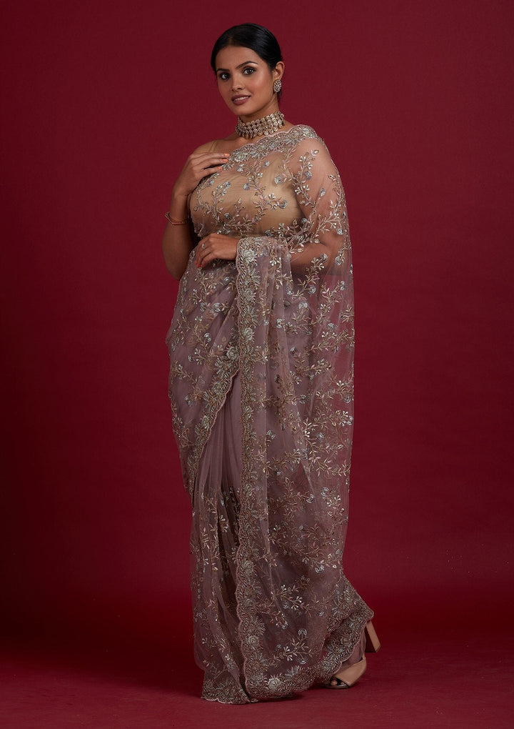 Lavender Zariwork Net Designer Saree - Koskii