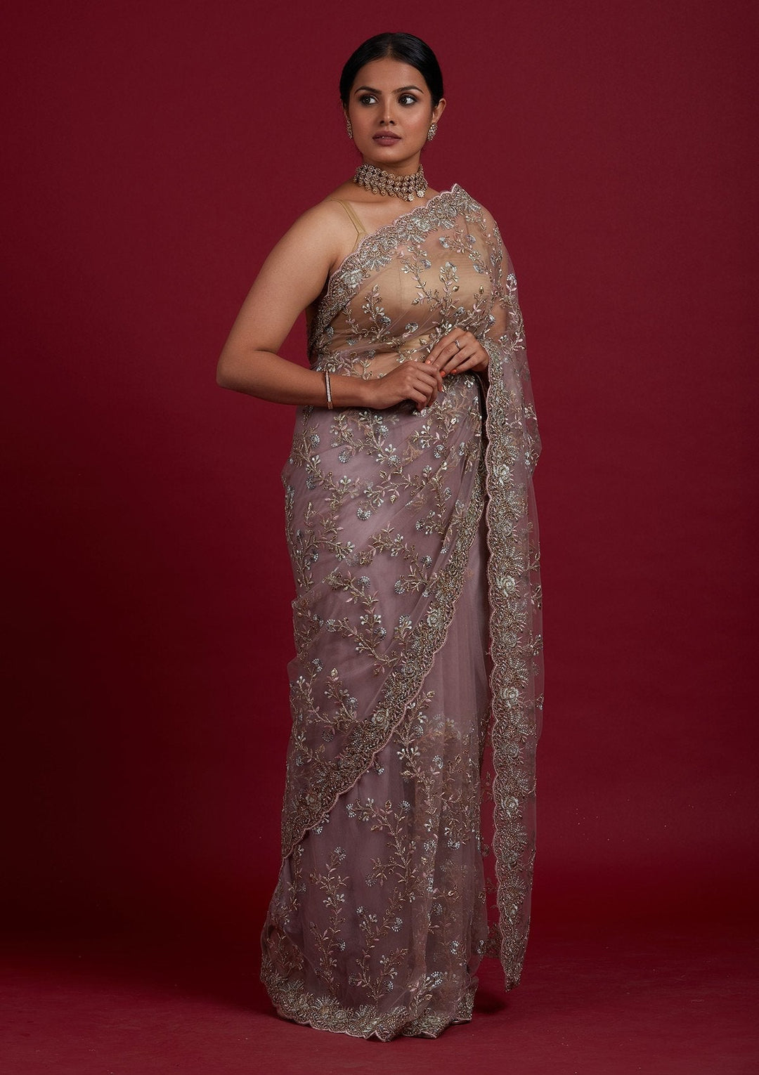 Lavender Zariwork Net Designer Saree - Koskii